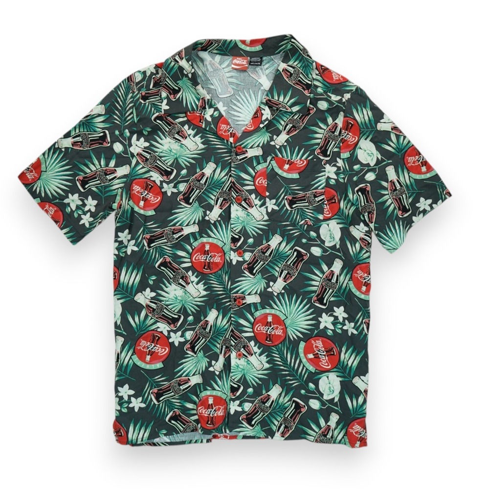 Coca Cola Mens Shirt‎ Medium Classic Hawaiian Short Sleeve Floral 100% Rayon